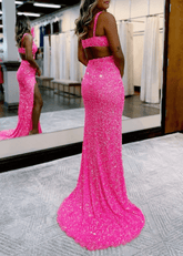 Cynthia | Long Hot Pink Prom Dress Sequins With Mermaid V Neck Slit - Hot Pink - PromDressClub